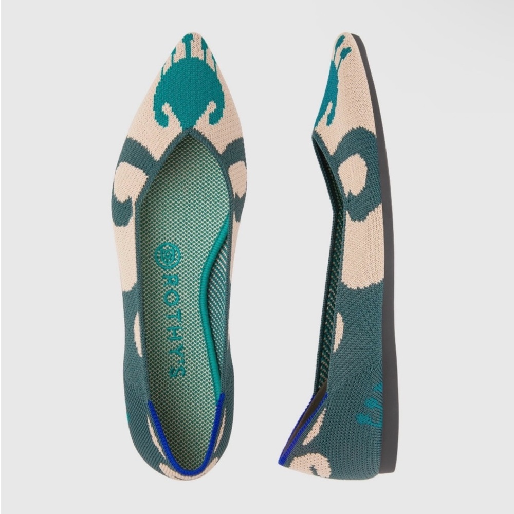 Rothy’s The Point Moroccan Green Teal and Cream Knit Ballet Flats Womens 10 NWT - Picture 2 of 5